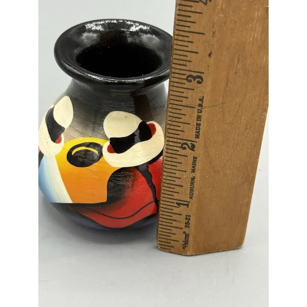Signed Hand Painted Wooden Bud Vase Abstract Faces Folk Art 3” Decor